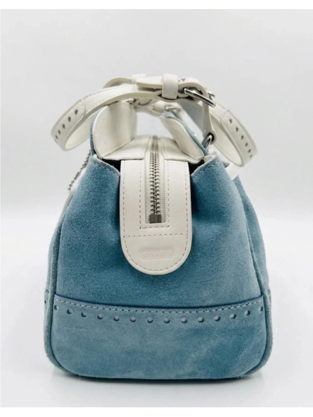 Coach Hamptons Satchel/Wristlet Set, Baby Blue Suede, White Leather Trim VINTAGE